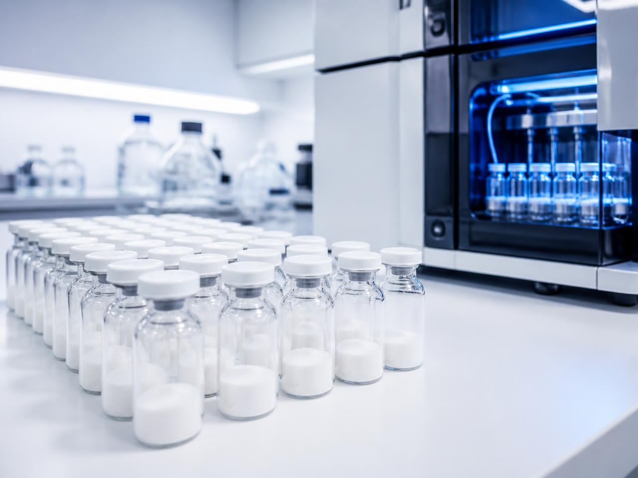 Lyophilized peptide vials on a laboratory bench beside analytical HPLC instrumentation